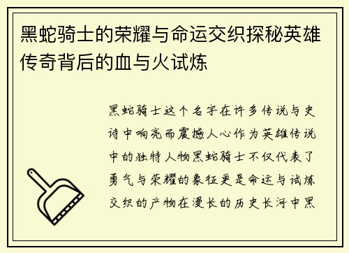 黑蛇骑士的荣耀与命运交织探秘英雄传奇背后的血与火试炼